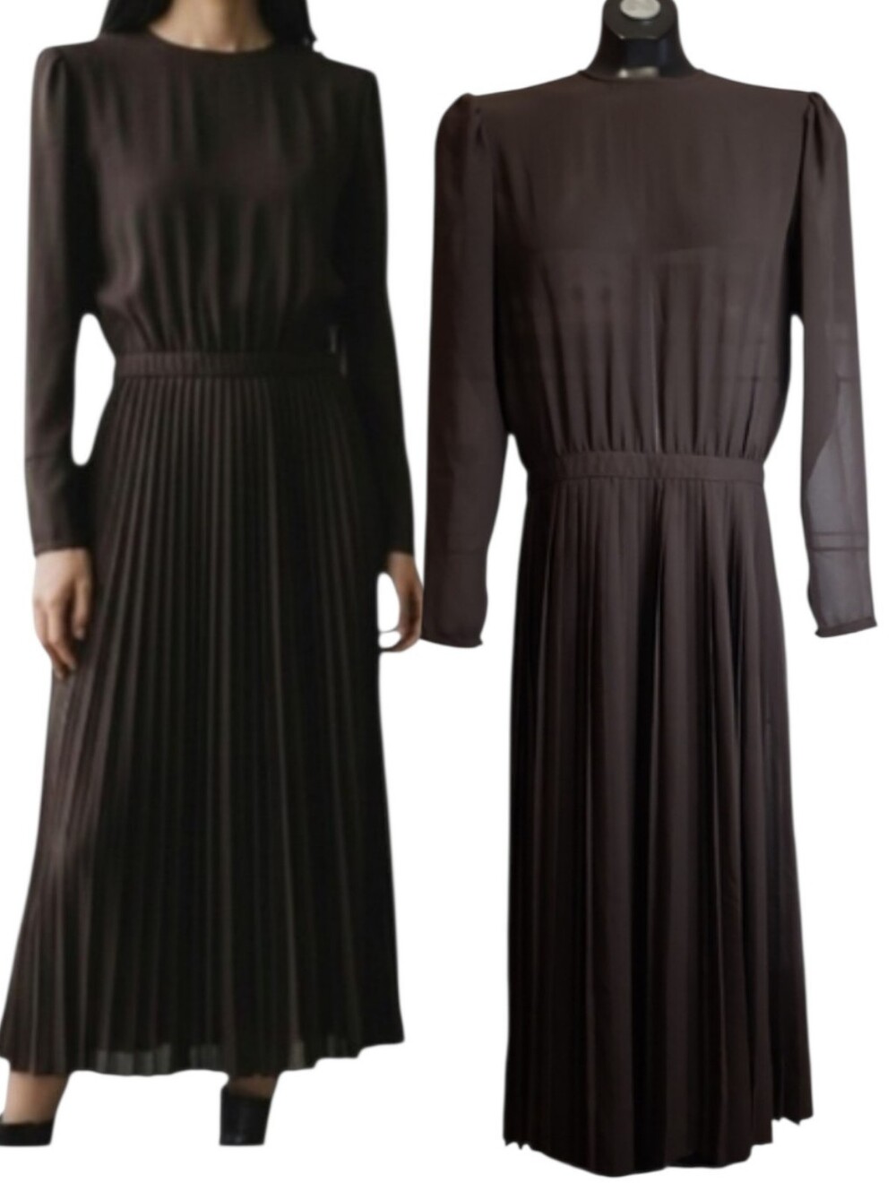 Vintage 70s Albert Nipon Womens Semi Sheer Brown Pleated Long Sleeve Dress 6 8